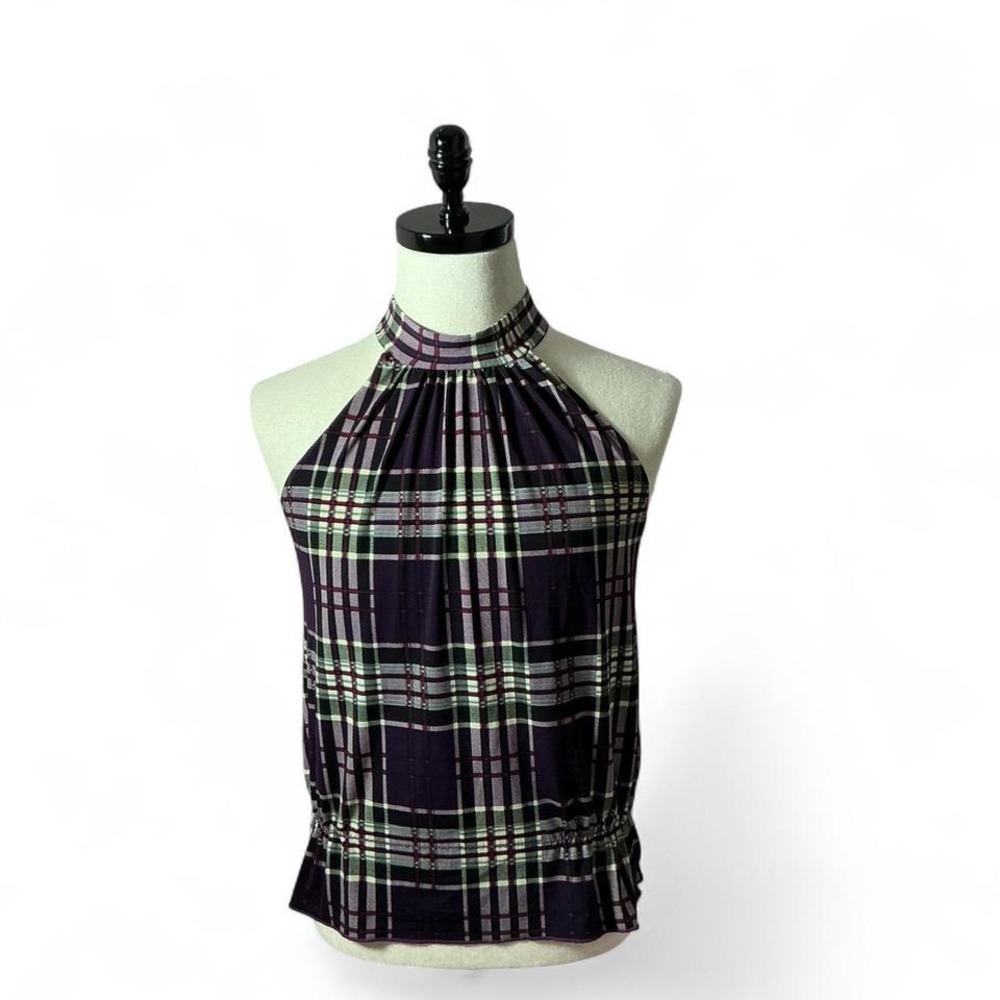 Y2K Brat Star Purple Plaid Halter‎ Top Smocked Waist Sleeveless Blouse